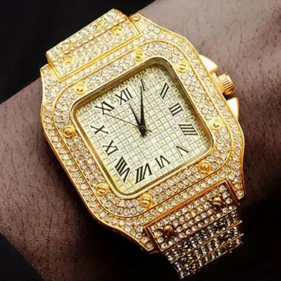 Classic Big Dial Square Cool Hip Hop Style Men's Watch with Stones Gold Plated