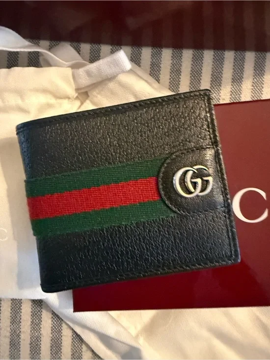 Gucci Black Leather Wallet with Green and Red Web Stripe