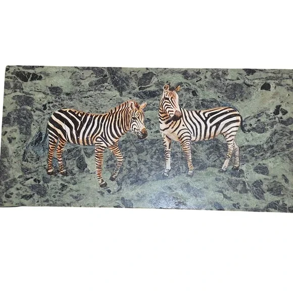 Hand Painted Zebra Stone Art Plaque Signed Trumi Serpentine Marble Safari 12