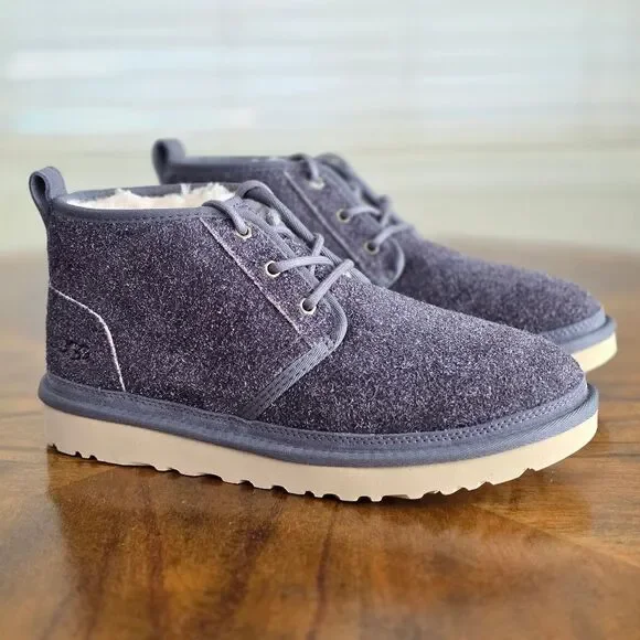 UGG Neumel Shaggy Suede Chukka Boots Dark Grey Men's Size 8 Real Fur New 1158219