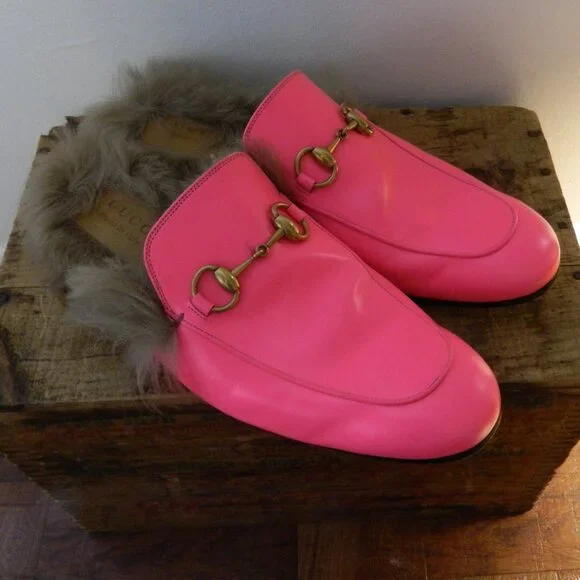 Gucci Princetown Fur Lined Horse-bit Hot Pink Fuchsia Slip On Mules 9 NWT EUC!