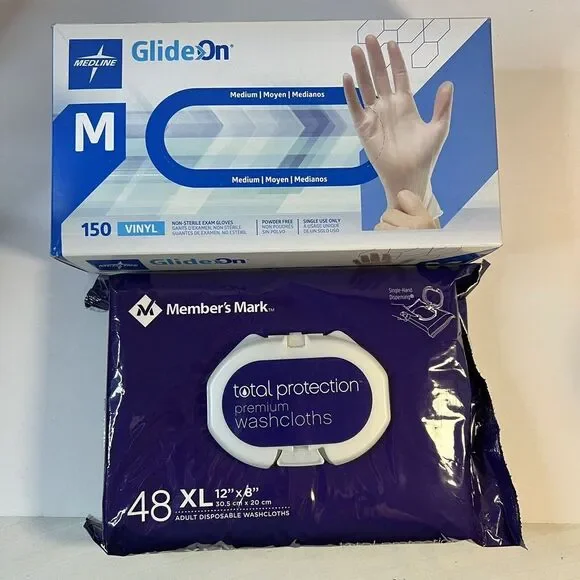 Bundle Medline Vinyl Gloves Glide On 150 /Disposable Wash Cloths XL 48 Brand New