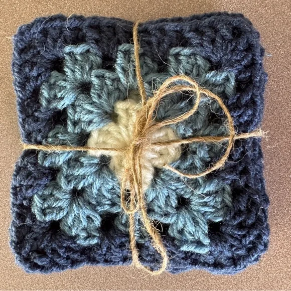 Set of 5 Handmade Blues and Cream Individual Granny Squares