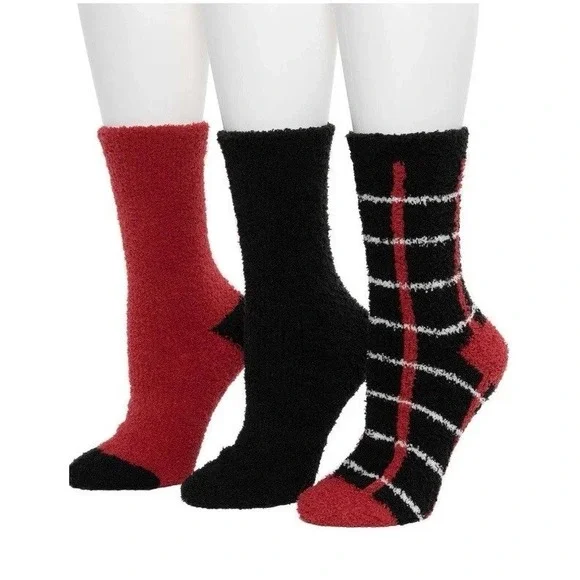 Cuddl Duds Holiday 3 Pk Plushfill Crew Socks Shoe Size 4-10 Red/Black/Plaid NIB‎