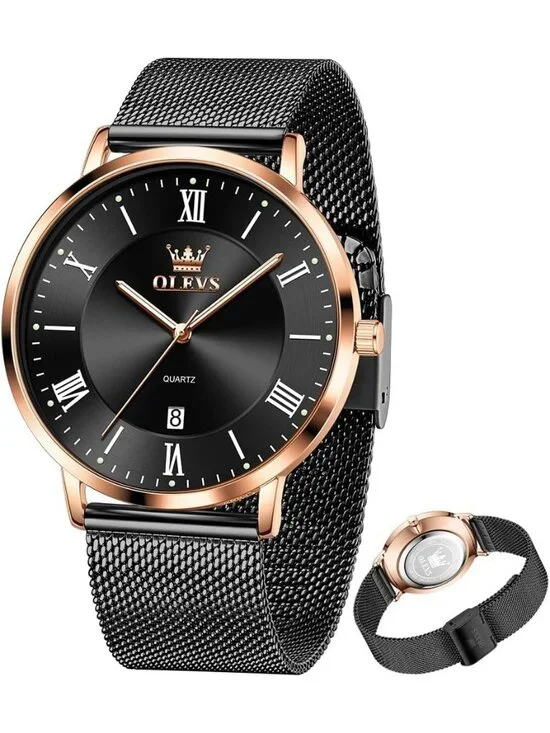 Men's Rose Gold Black Analog Quartz Mesh Strap Luxury Luminous Waterproof Watch