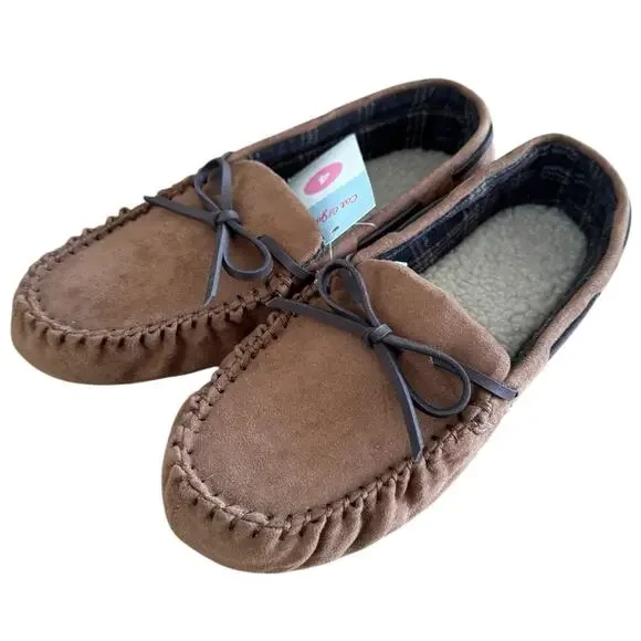 Cat & Jack Slippers Boys Size 4 Chestnut Brown Loafer Slip-on Sherpa Faux Fur