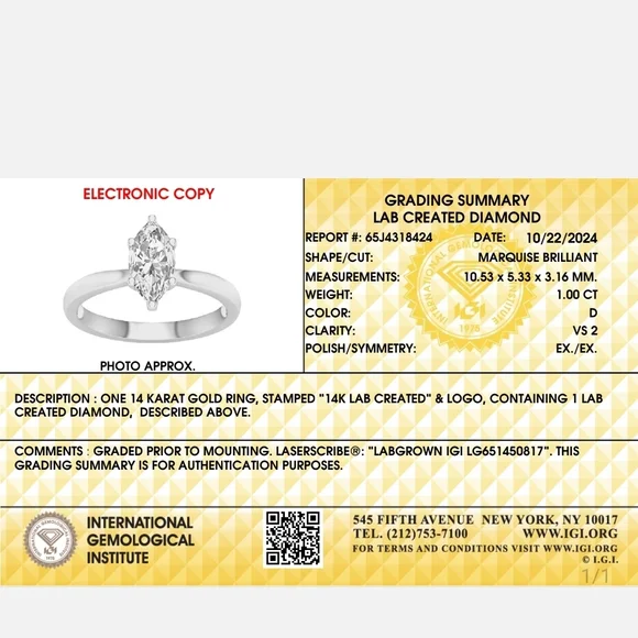 14K Lab-Created Diamond Marquise Ring - White Gold
