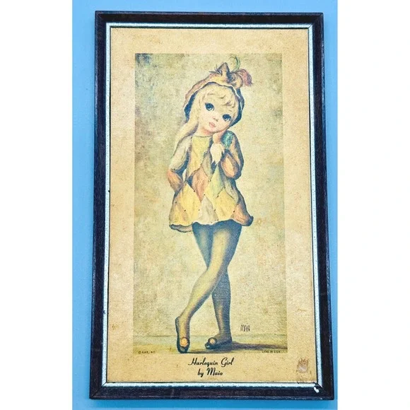 Maio Harlequin Girl Framed Litho Print Vintage Mid Century Modern Big Eye Art