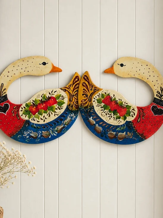 Vintage Hand Painted Wood Ducks Set 2 Folk Art Wall Decor Cottagecore