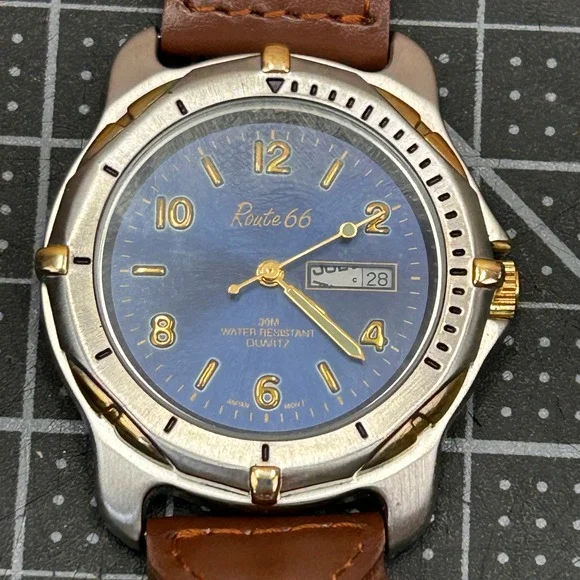 Route 66 Men's Watch‎ Blue Dial Gold Tone Bezel Quartz Leather Band