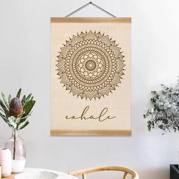 Boho Exhale Wall Hanging Bohemian Canvas and Teak Wood Farmhouse Calming Zen