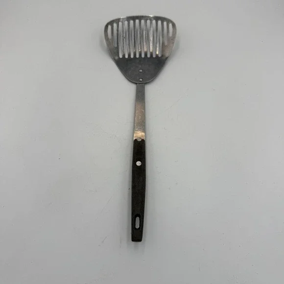 Vintage Household Japan Slotted Spatula Turner Stainless Steel Wood Handle 12