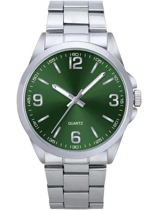 Men's Silver And Green Analog Stainless Steel Case Arabic Numerals Classic Watch