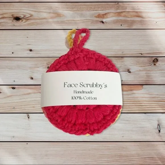 Hand Crafted Crochet Puff Face Scrubby’s 4 Pack Hook Handle Red white pink gold