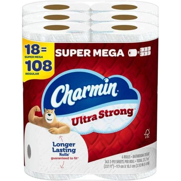 Ultra Strong Toilet Paper, 18 Super Mega Rolls = 108 Regular Rolls