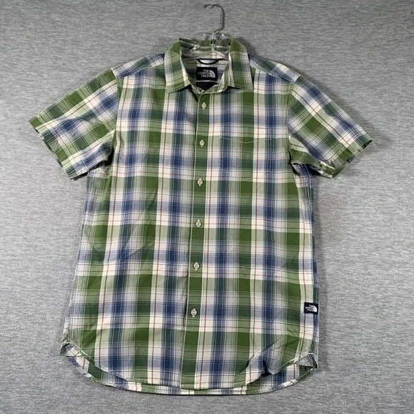 The North Face Shirt Mens Small Green Blue Plaid Short Sleeve Button Casual