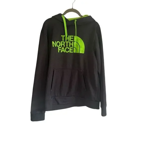 The North Face Men’s Hoodie Medium Dark Gray Neon Green Logo Pullover Kangaroo