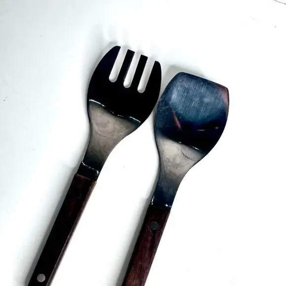 Vintage Wooden Stainless MCM Salad Serving Set Japan w/hook
