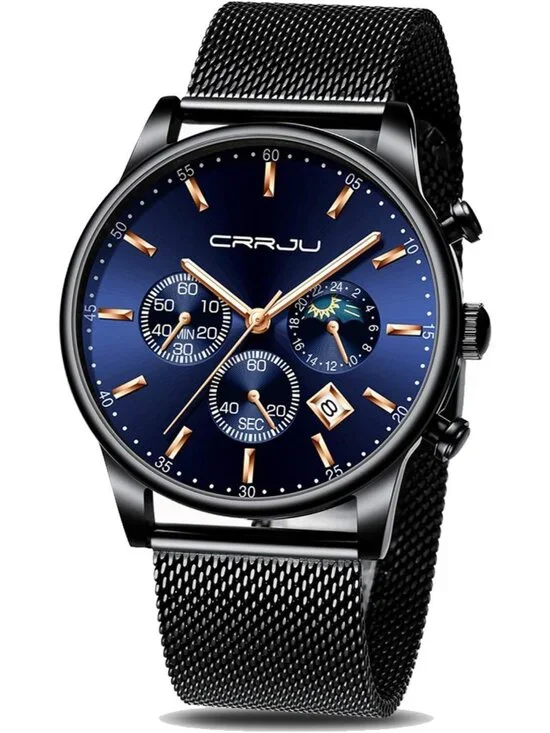 Men Black Blue Chronograph Waterproof Steel Quartz Mesh Strap Casual Round Watch