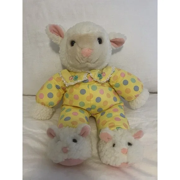 Vintage Plush Creations Lamb Sheep With Slippers Plush Stuffed Animal Polka Dots
