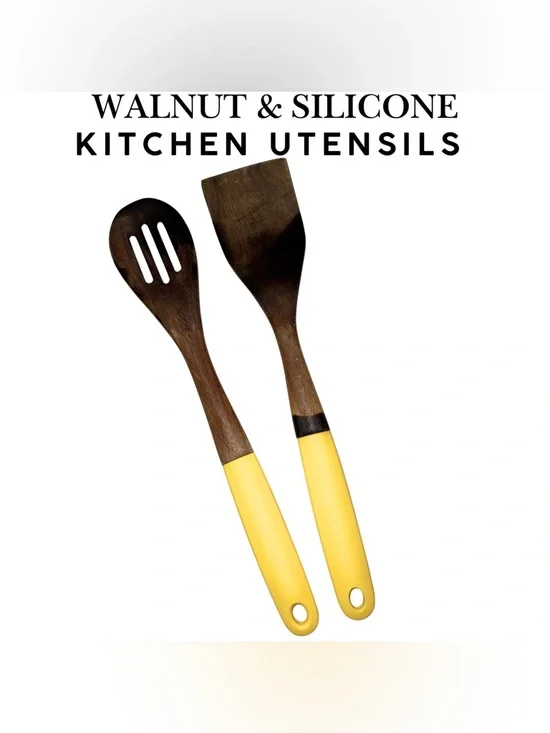 Walnut & Silicone Kitchen Utensils 13” Slotted Spoon + Spatula Set