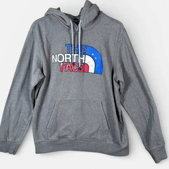The North Face Hoodie‎ Mens Large Gray Patriotic Logo Pullover Kangaroo Pocket