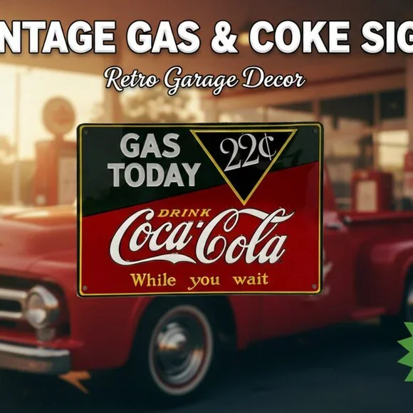 Coca Cola Gas Today 22 Cent Tin Sign Vintage Style Gas Station Wall Mancavedecor