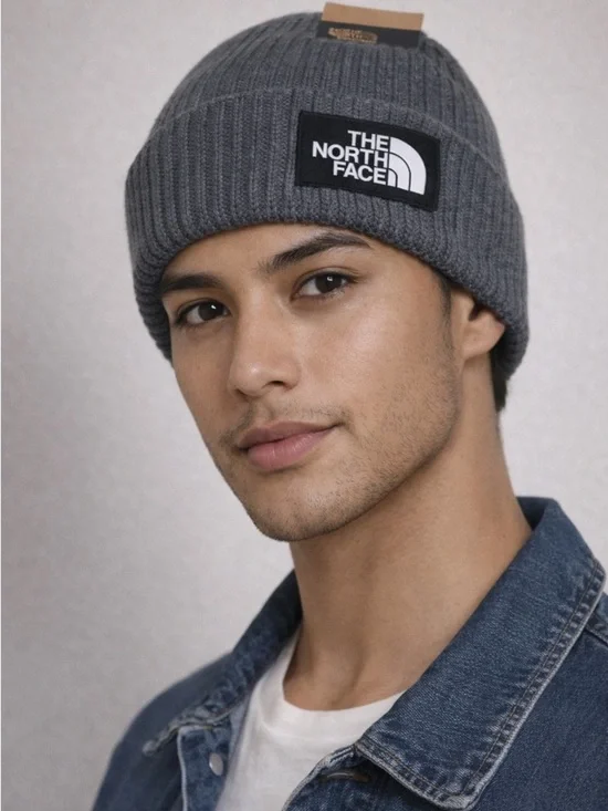 The North Face Charcoal Rib-Knit Beanie with Logo Patch