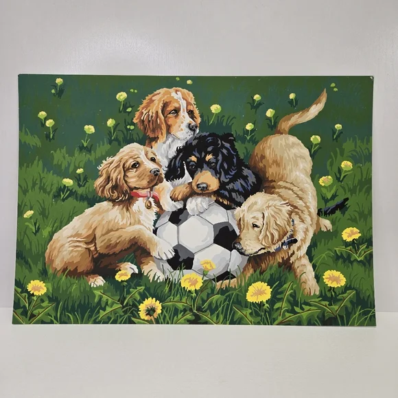 VTG Puppies and Soccer‎ Paint By Number Finished Acrylic Painting 14x20 Retriver