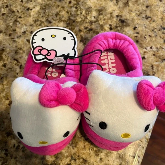 Hello Kitty Fuchsia and White Plush Slippers