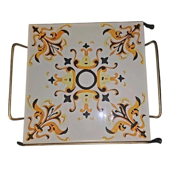 Vintage‎ Ceramic Tile Trivet Brass Frame Stand Made in Spain Hand Painted Floral
