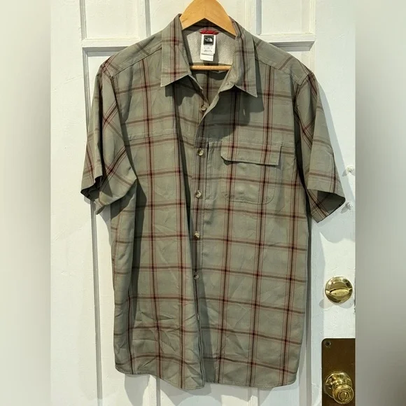 The North Face Gray and Red Plaid Button Down Shirt