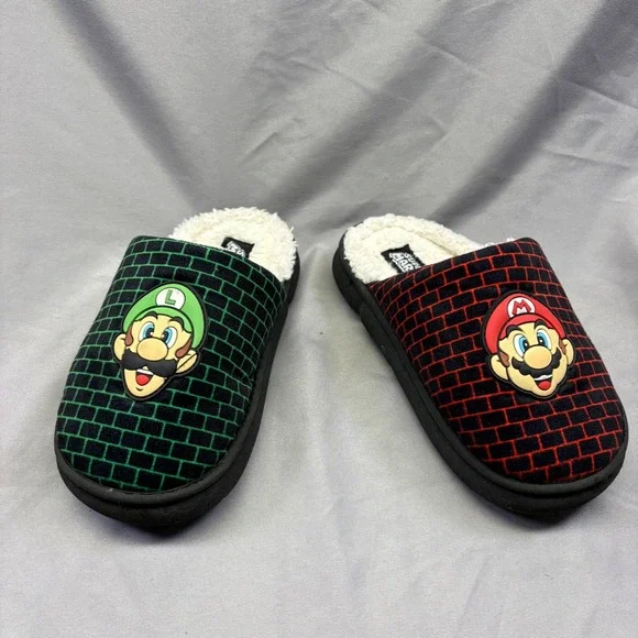 Nintendo Super Mario Luigi Kids Slippers Red Green Brick Pattern Fleece Lined