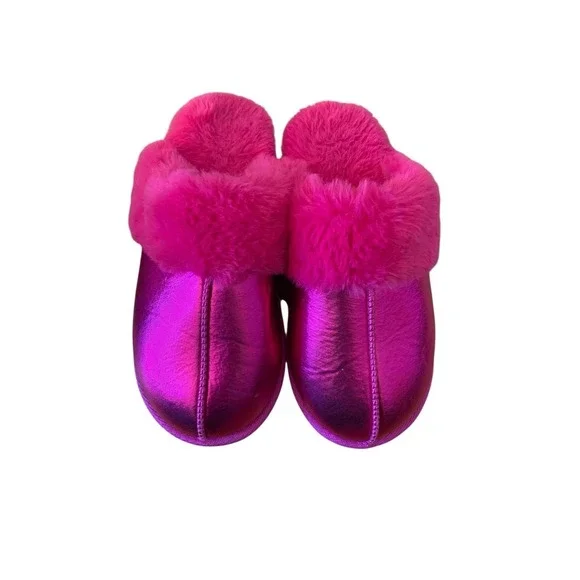Wonder‎ Nation Metallic Pink Girls Slippers Sz 2-3 Faux Fur Scuff Memory Foam