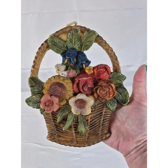 Vintage Folk Art Wax Wall Candle Floral Basket Hanging Cottagecore Decor