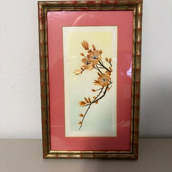 Framed Artwork Chinese Wheat Straw Cherry Blossom Branch Print Coral Mat Gold‎