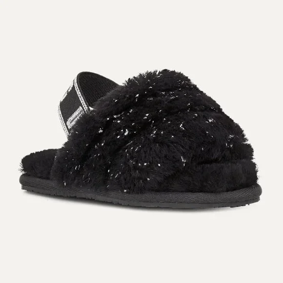 NEW UGG Kid Toddler Fluff Yeah Metallic Sparkle Black Slingback Slide Slipper
