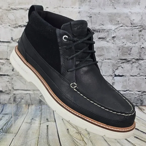 Sperry Plushwave Lug Chukka Boots Mens 12 Black Leather Suede Moc Toe STS23614