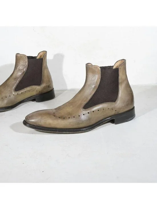Brown Leather Perforated Wingtip Chelsea Ankle Boots Brogue UK 9, US 9.5 - 10