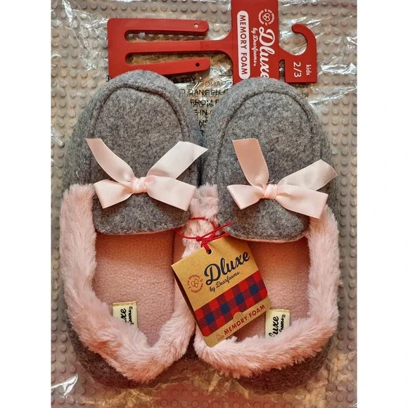 Kid's Dluxe By Dearfoams Closed Back Loafer Slippers Pink & Grey w/ Bow‎ 2/3 New