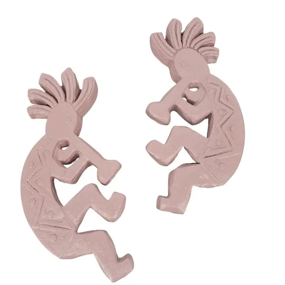 Vintage Kokopelli Wall Art Set 2 Mauve Pink Clay Flute Player Mexico Decor 12