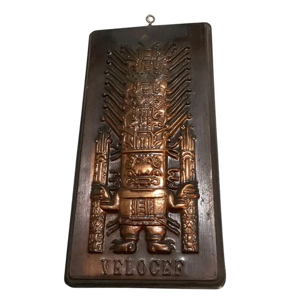 Vintage Velocef Copper Relief Aztec Incan Deity Wall Plaque Metal Art 8.5x4.25