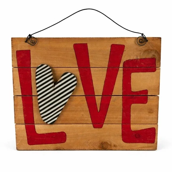 Rustic Wood Pallet LOVE Wall Art Red Black White Striped Heart 18x14 Home Decor