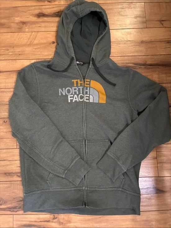 The North Face Olive Green Full-Zip Hoodie with Yellow Logo