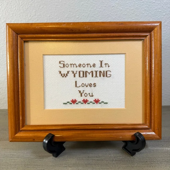 Framed Handmade counted x stitch “someone in WY Loves You” grandmacore