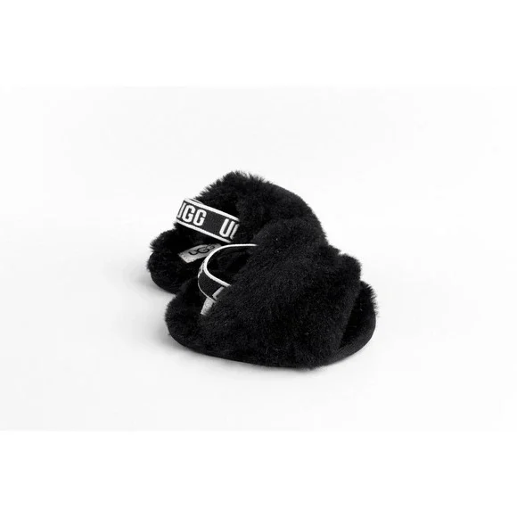 UGG Fluff Yeah Slides Baby Size 0/1 Black Fluffy Shoe Elastic Logo Strap‎