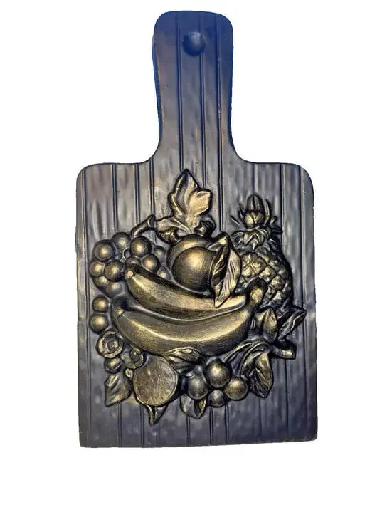 Vintage MCM moody Chalkware Wall Hanging Cutting Board 3D bronzed Fruit Design