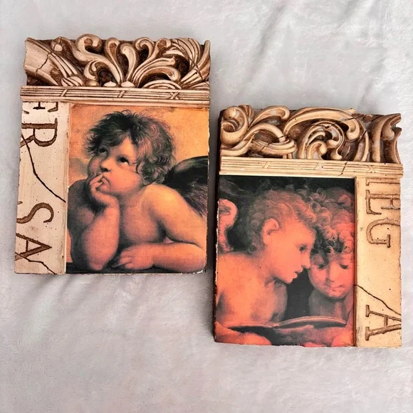 DECOLINE NY Set of 2 Cherub Decorative Vintage Wall Plaques