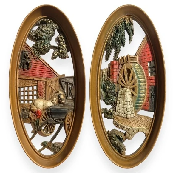 Vintage 1965 Burwood Wall Plaques Oval Cabin Farm Water Wheel USA LOT of 2 Decor