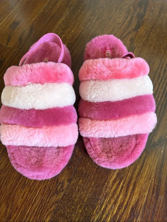 UGG Kids Pink Multi-Striped Fluffy Slippers